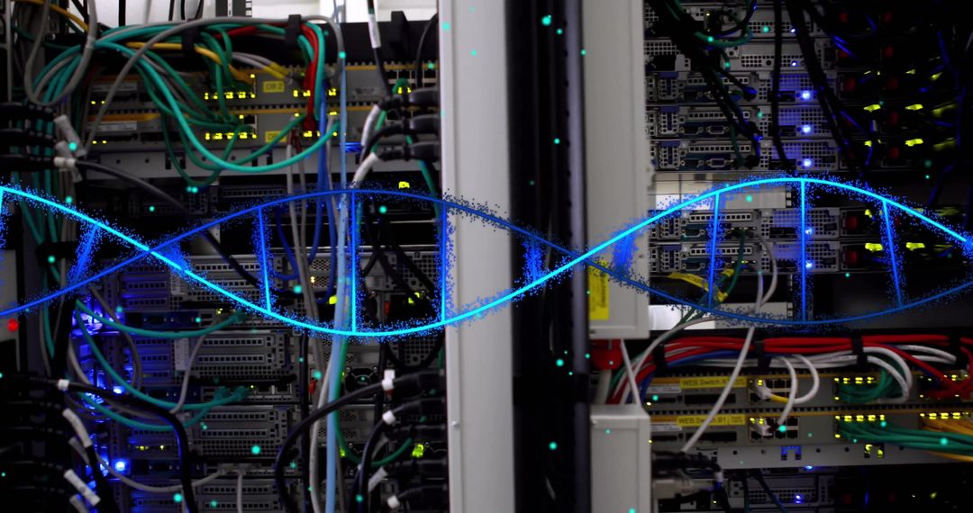 Digital DNA Strand Overlaying Technological Server Room