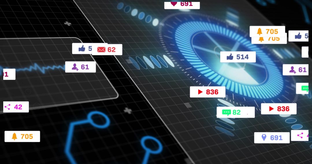Displaying Futuristic Blue HUD with Floating Social Media Badges and Analytics Overlay