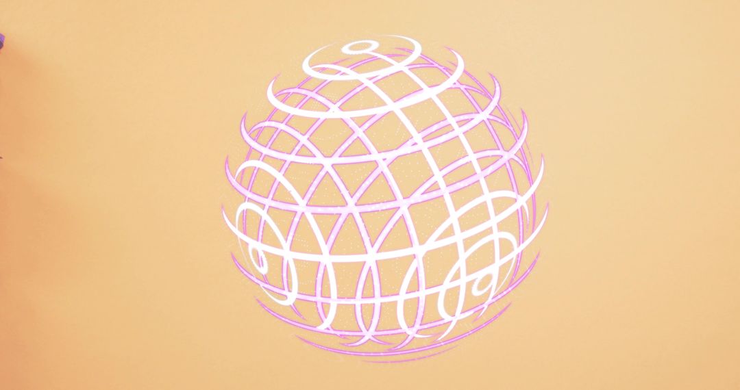 Floating Pink-White Wireframe Globe, Ribbon Lattice on Peach Backdrop with Purple Accent