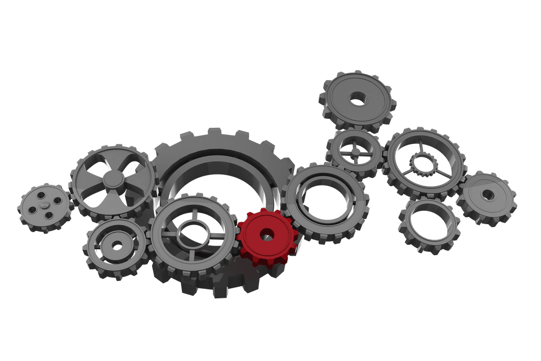 Industrial Grey and Red Cogs on Transparent Background