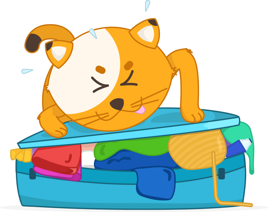 cartoon cat squeezing jammed suitcase with transparent background - Download Free Stock Images Pikwizard.com