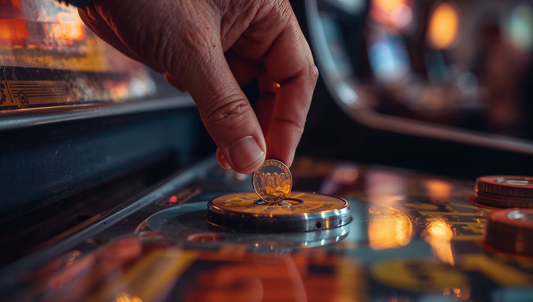 Hand inserting coin into retro pinball machine coin slot with warm reflections and glossy steel clos