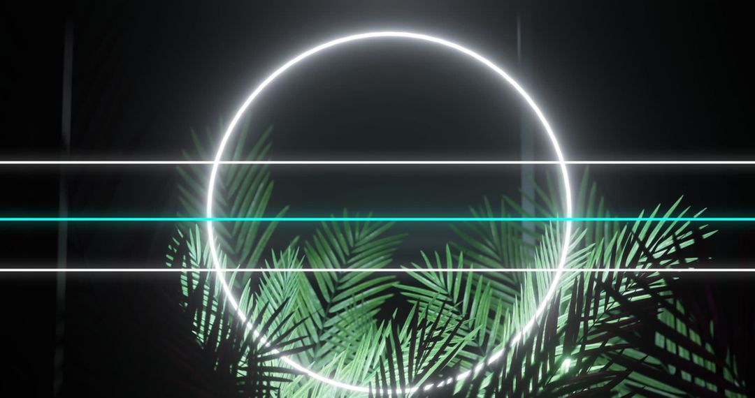 Futuristic Neon Circle and Palm Fronds in Digital Nightscape