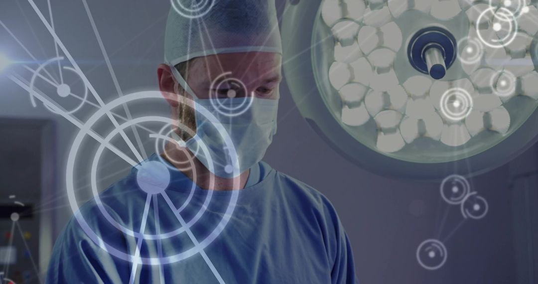 Surgeon in Operating Room with Futuristic Interface