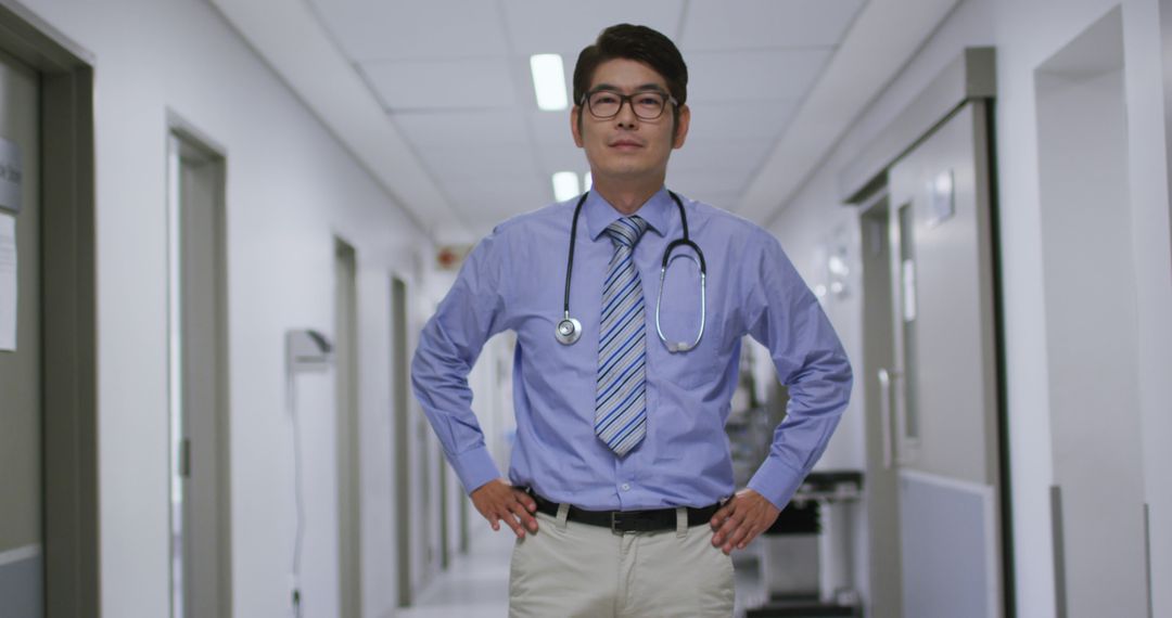 Confident Male Doctor Standing in Hospital Hallway with Hands on Hips - Free Images, Stock Photos and Pictures on Pikwizard.com