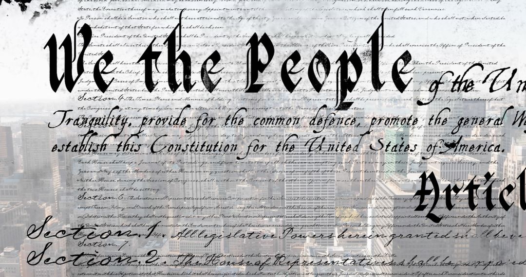Overlay of U.S. Constitution Text on Modern Cityscape