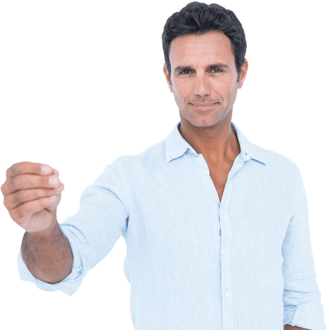 Handsome Man Holding Imaginary Object on Transparent Background