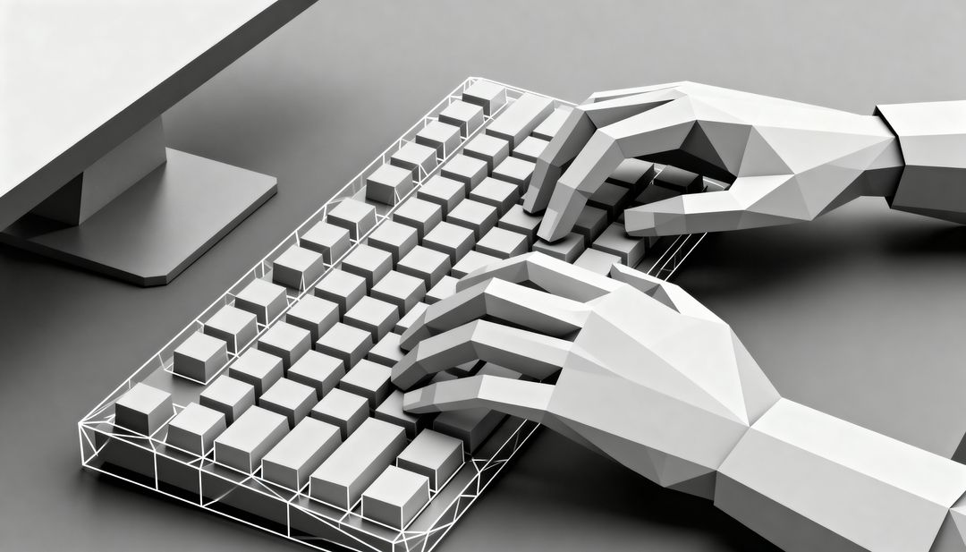 Low-Poly Robotic Hands Typing on Wireframe Keyboard Futuristic Monochrome Tech Concept