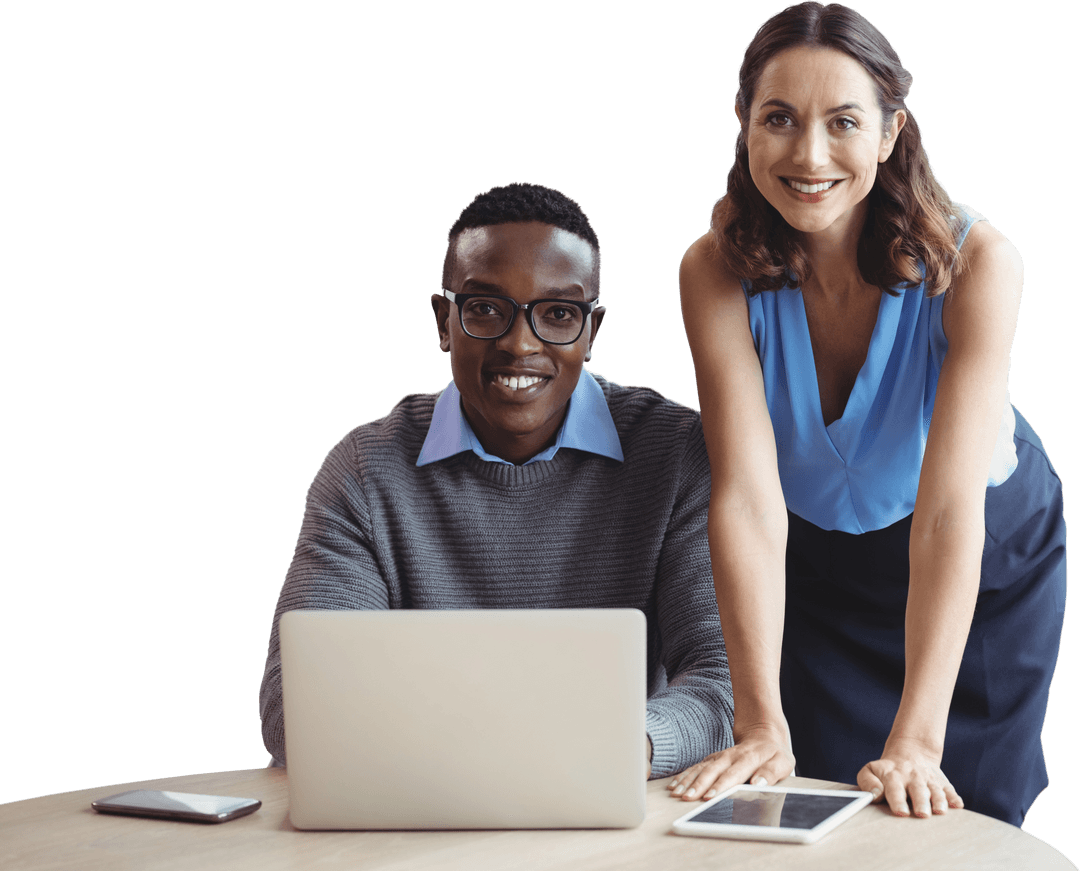 Smiling Business Team Collaborating with Laptop on Transparent Background