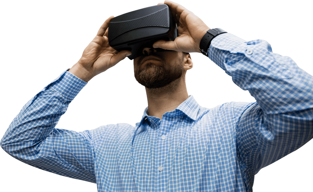 Transparent Low Angle View VR Enthusiast Using Virtual Reality Glasses