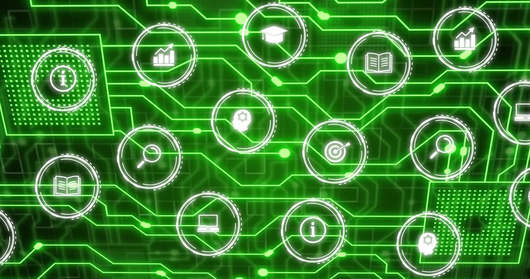 Digital Business Icons Overlay on Circuit Board Background