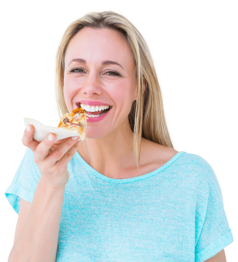 Cheerful Woman Enjoying Slice of Pizza Against Transparent Background