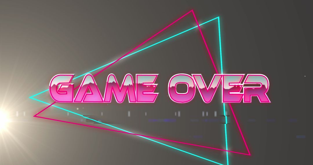 Retro Game Over Screen with Neon Triangles and Light Flares
