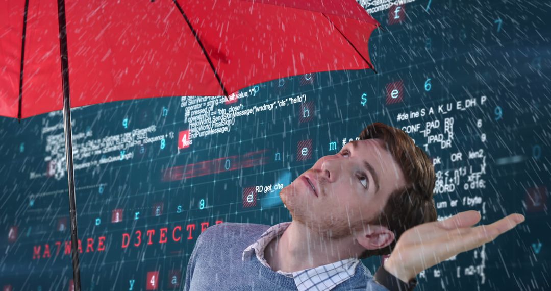 Person Holding Red Umbrella in Rain Surrounded by Digital Malware Alerts - Free Images, Stock Photos and Pictures on Pikwizard.com