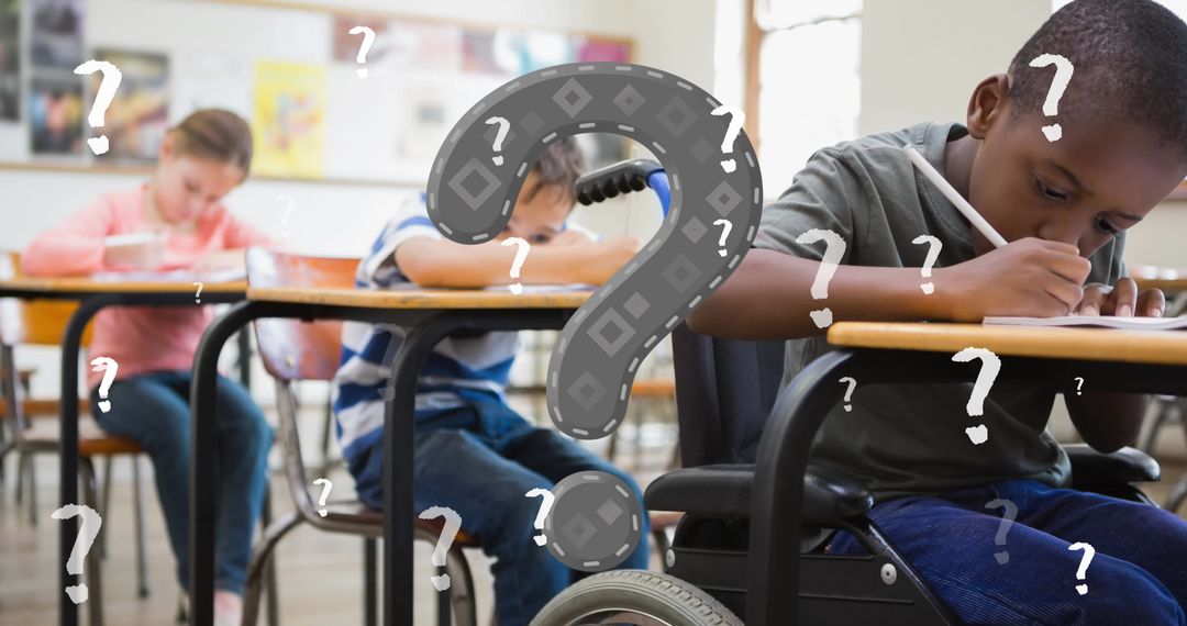 Schoolchildren Solving Problem in Classroom with Digital Question Marks