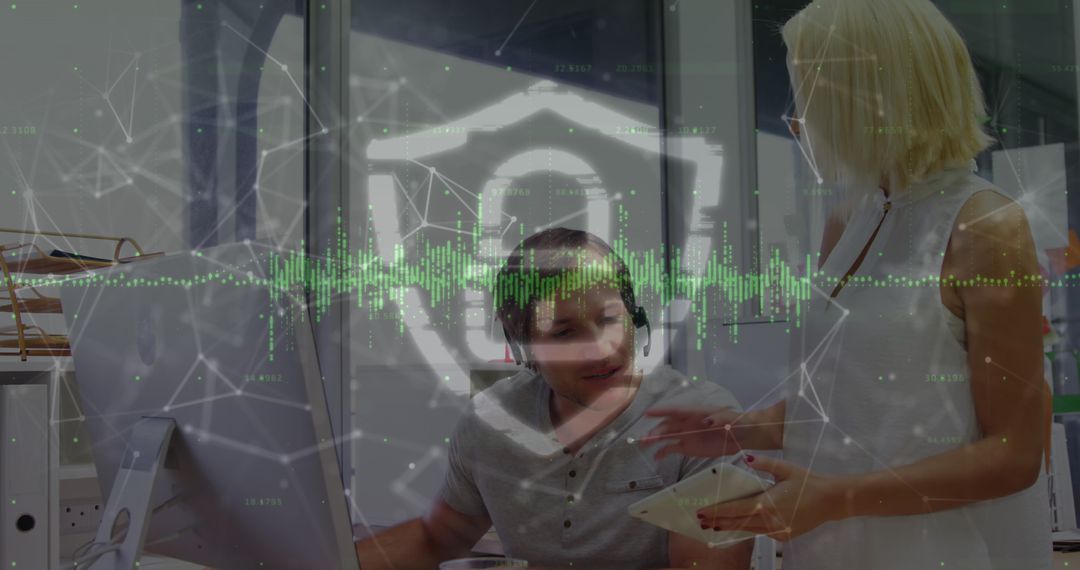 Cybersecurity Overlay with Business Professionals Discussing Data Solutions