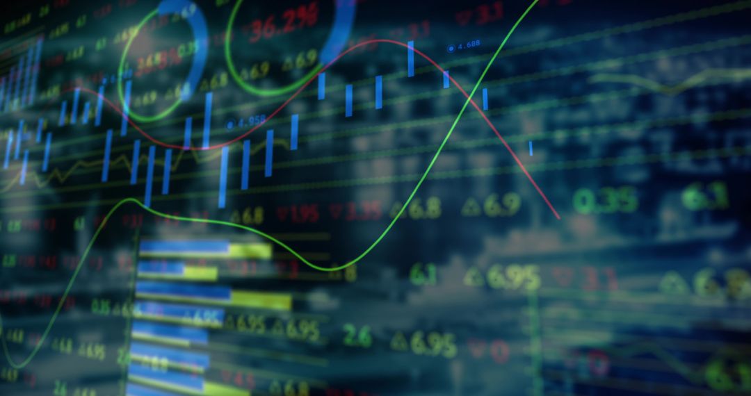 Digital Financial Data Display with Analytical Charts in Office Setting