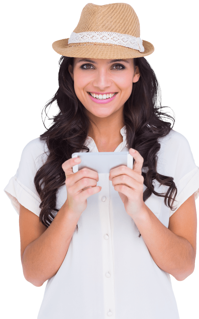 Transparent Woman Smiling and Holding Smartphone with Straw Hat