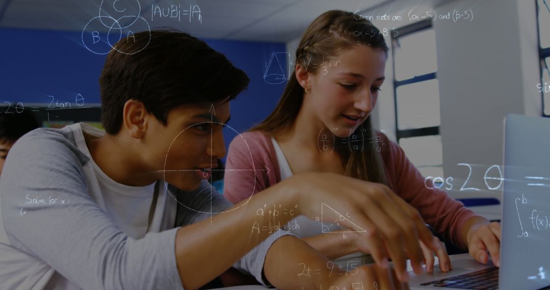 Students Using Laptop with Overlay of Mathematical Equations