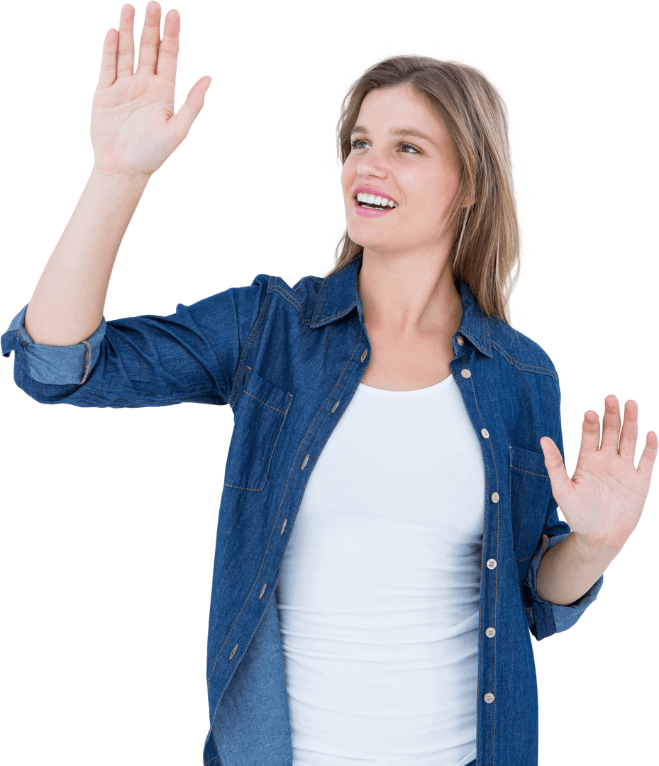 Smiling Woman Using Virtual Touchscreen on Transparent Background