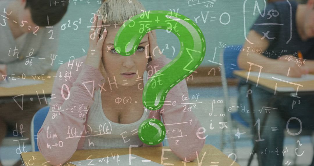 Confused Student Studying Mathematics in Classroom Setting