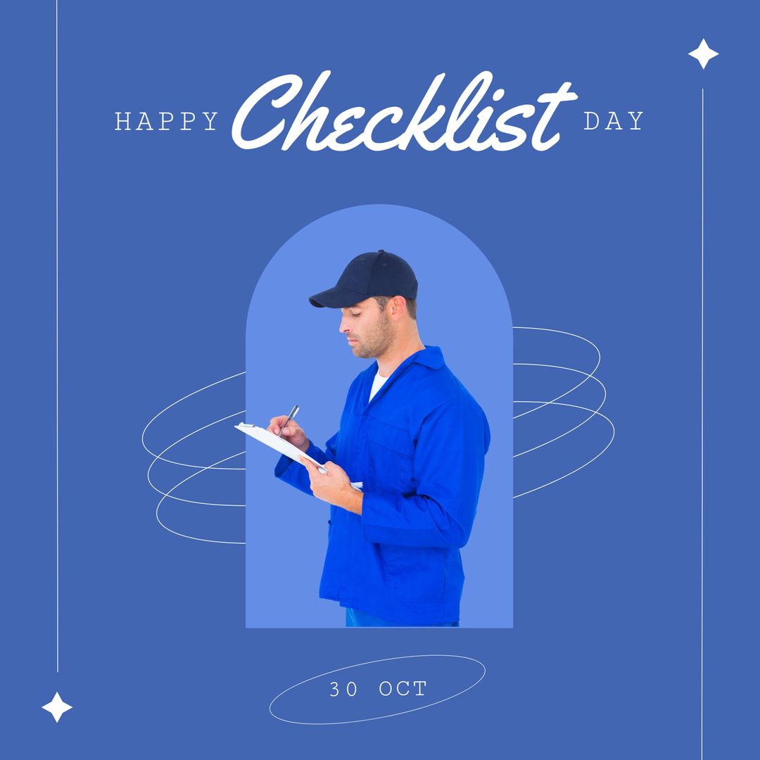 Happy Checklist Day with Delivery Man Writing on Pad