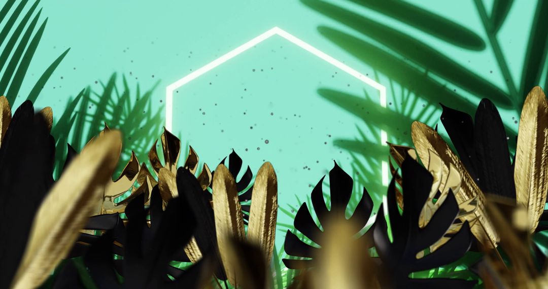 Neon Hexagon Frame with Tropical Leaves on Vibrant Green Background