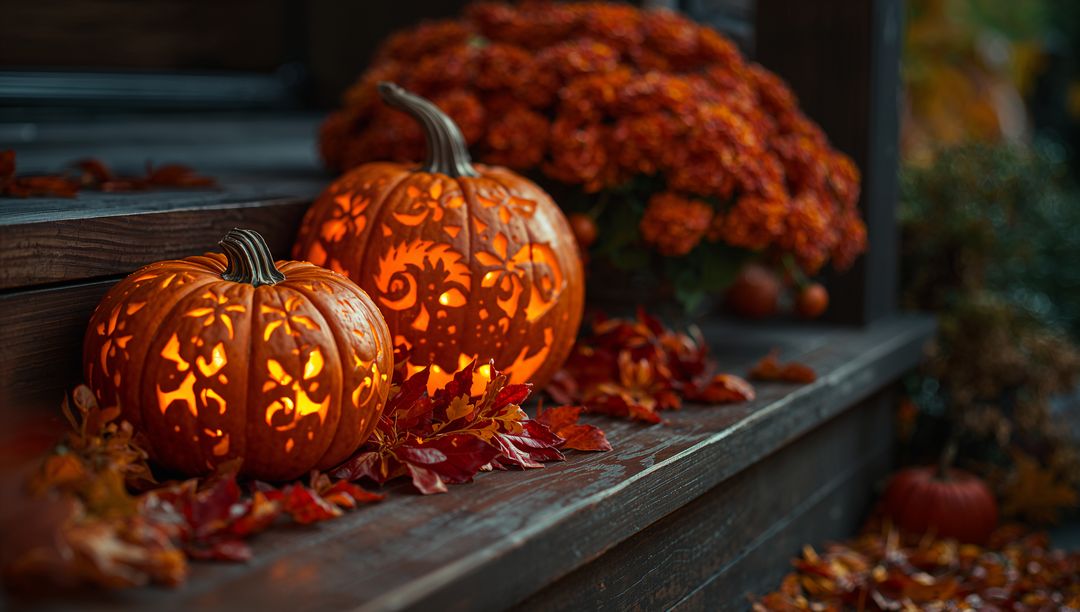 Glowing Carved Pumpkins on Rustic Porch with Autumn Leaves and Mums