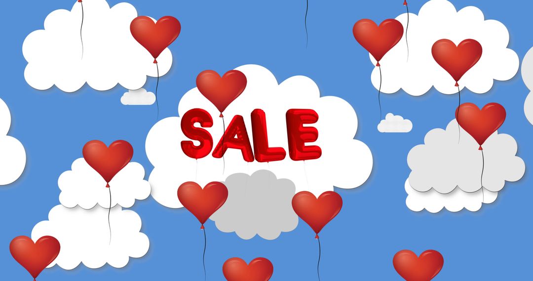 Heart Balloons with Sale Text Over Blue Sky and Clouds