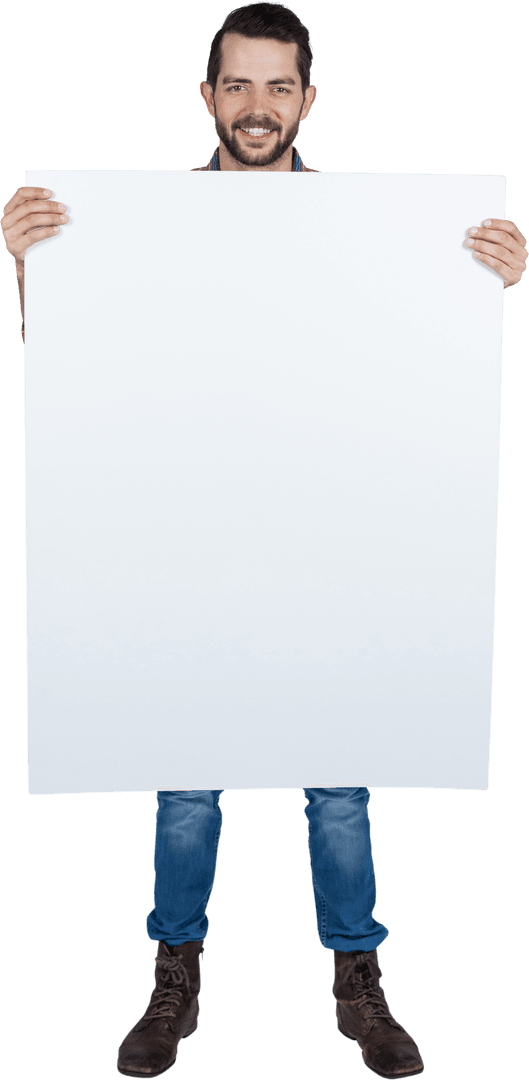 Smiling Young Man Holding Transparent Blank White Sign Board