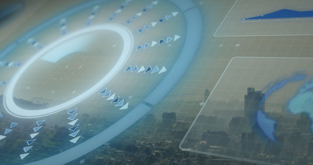 Futuristic Interface with Data Processing Cityscape Overlay