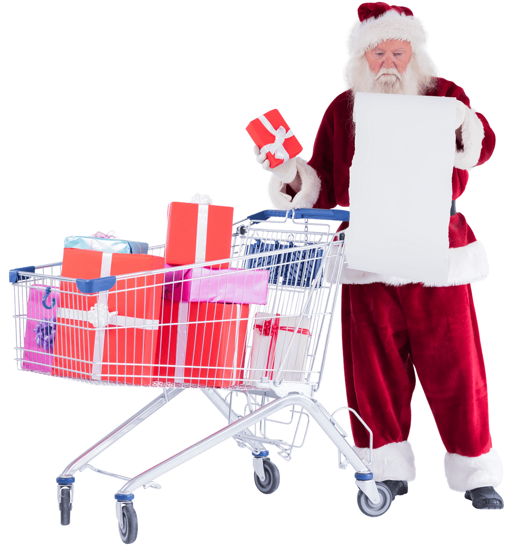 Santa Claus Checking List with Gift-Filled Cart Transparent Background