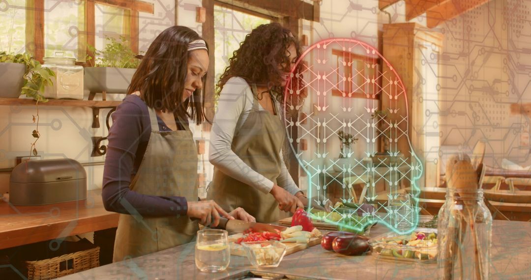 Two Women Chopping Vegetables on Rustic Kitchen Island with Neon Neural Network Overlay