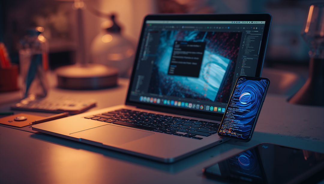 Modern Workspace with Laptop, Smartphone and Tablet