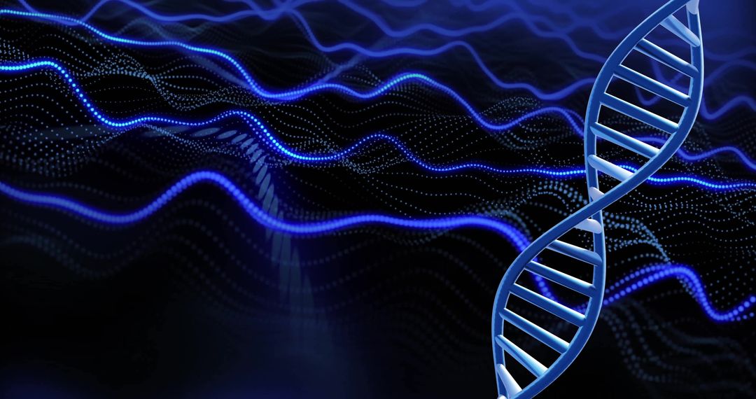 Spinning DNA Strand with Blue Light Trails Over Dark Background