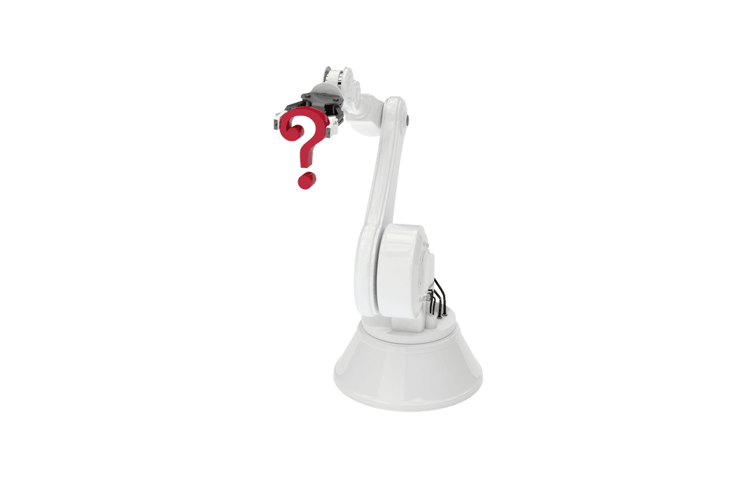 Transparent Robotic Arm Holding Question Mark Symbolizing Uncertainty