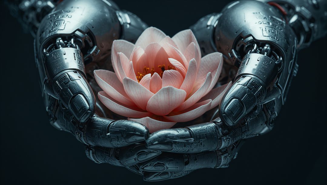 Robotic Hands Cradle Pink Lotus Symbolizing Technology and Nature Harmony