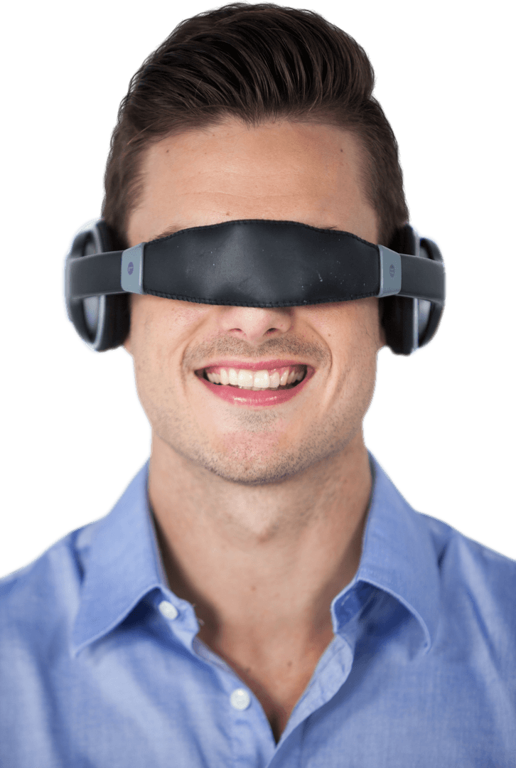 Man Smiling with Transparent VR Glasses Viewing Technological Future