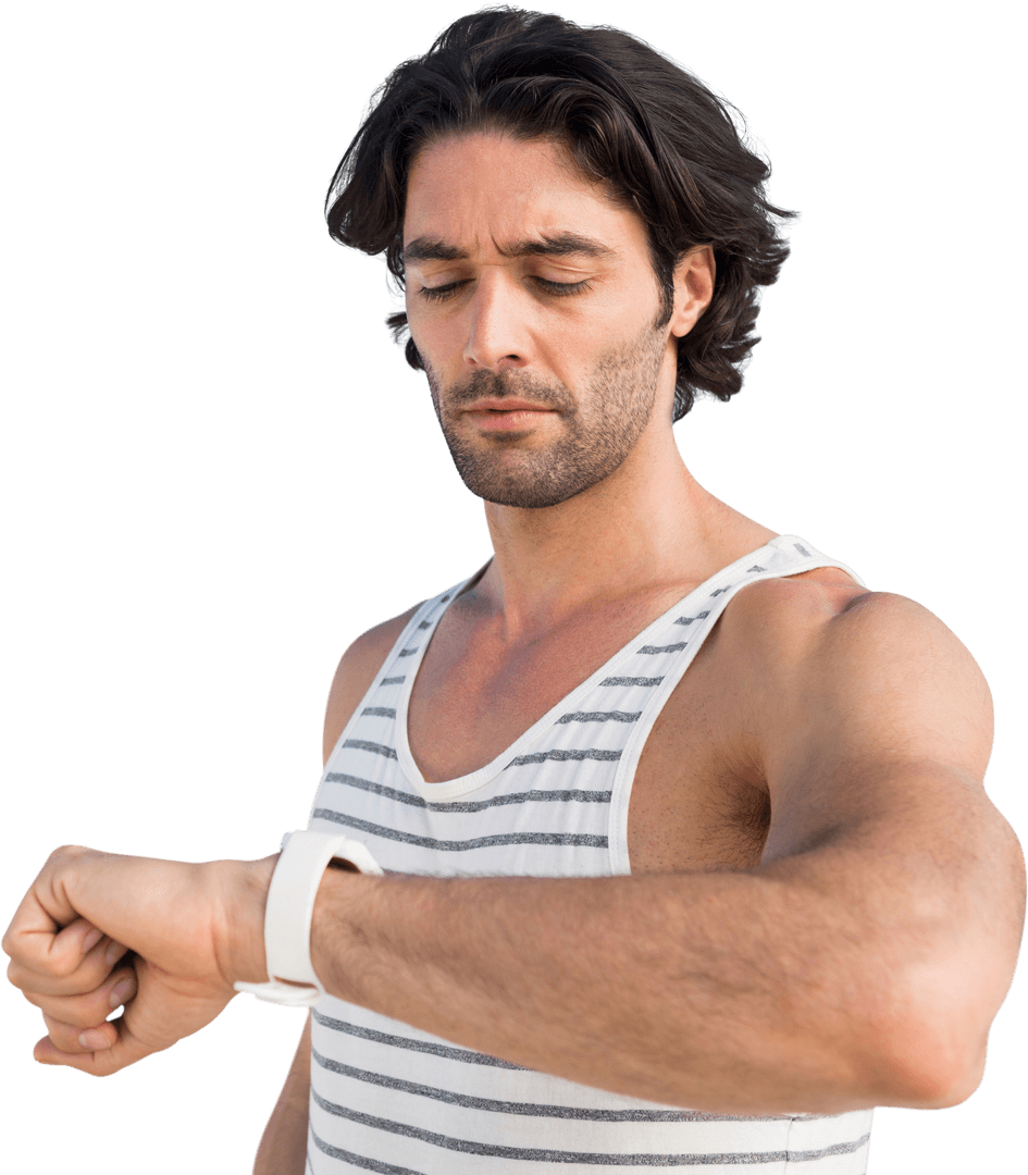 Transparent Young Man in Striped Tank Top Checking Watch Time
