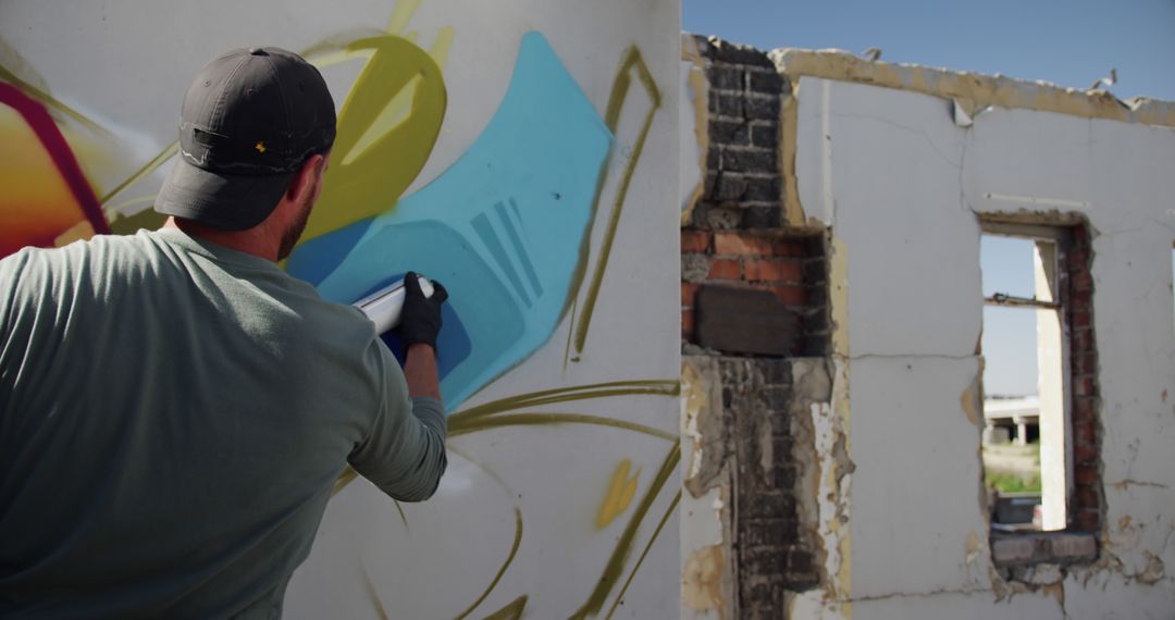 Artist creating graffiti on abandoned building wall - Free Images, Stock Photos and Pictures on Pikwizard.com