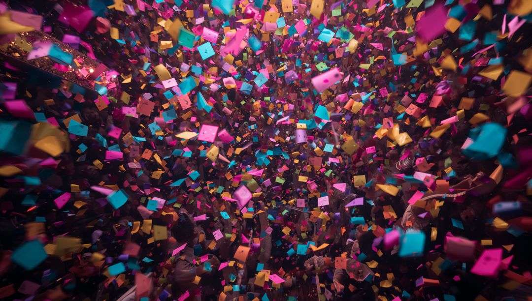 Vibrant Magenta Cyan Gold Confetti Shower Over Concert Crowd with Glowing Stage Lights
