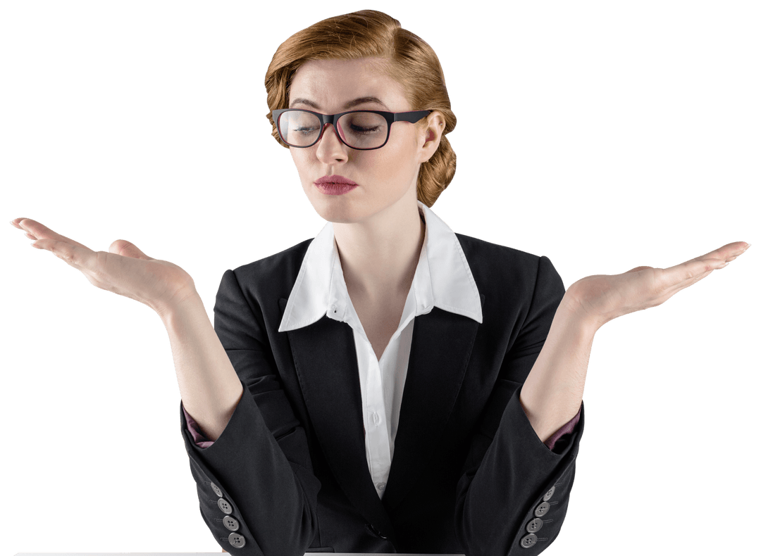 Transparent Businesswoman with Glasses Shrugging