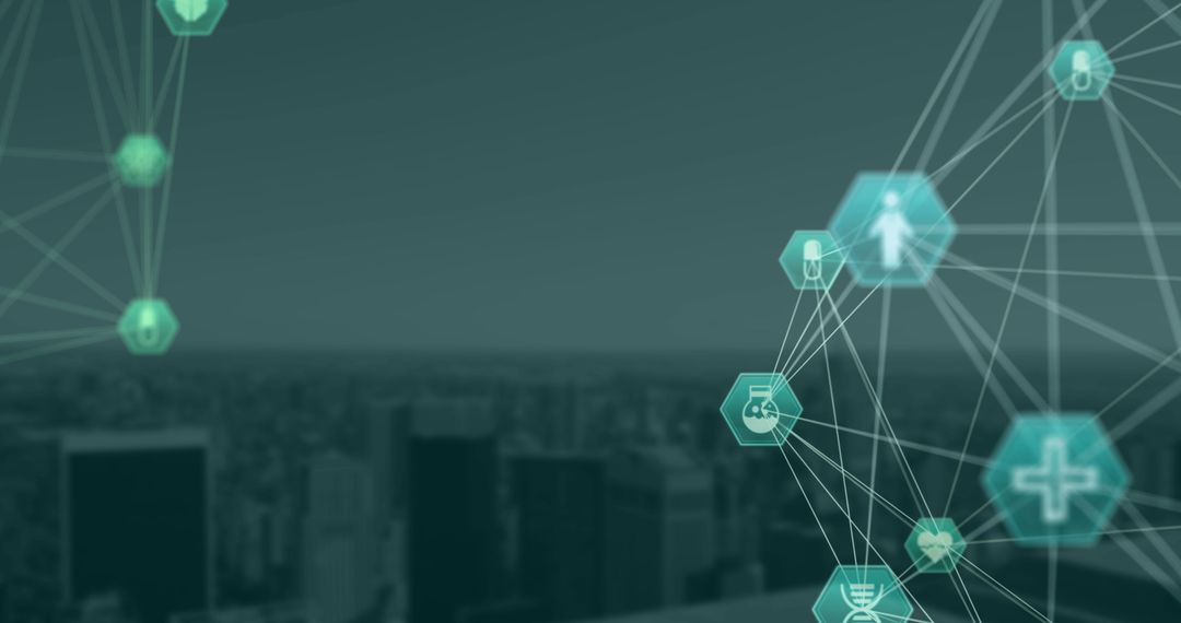 Digital Medical Icons Overlaying Cityscape for Global Networking