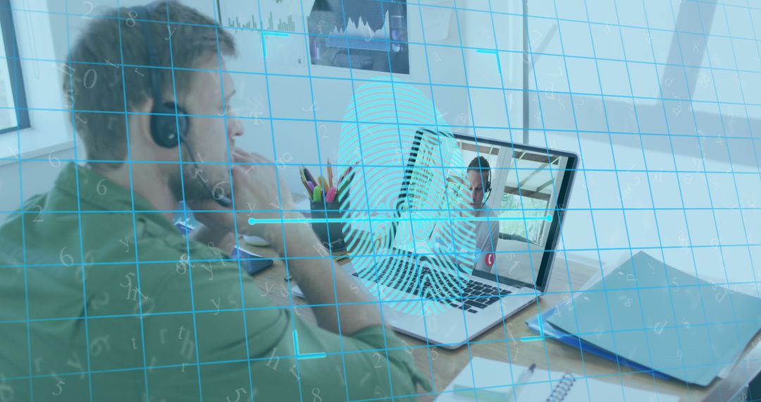 Biometric Security Concept with Fingerprint and Video Call in Modern Office