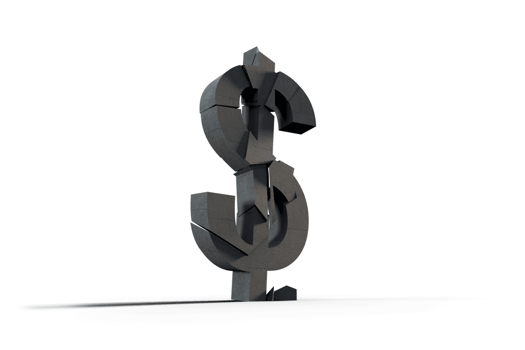 Transparent Cracked 3D Dollar Symbol Standing on Invisible Surface