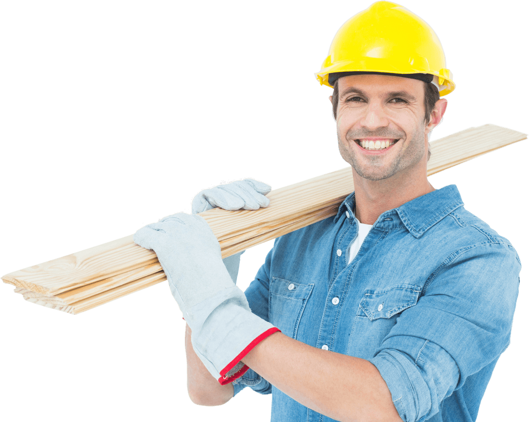 Smiling Carpenter Carrying Wooden Planks Transparent Background