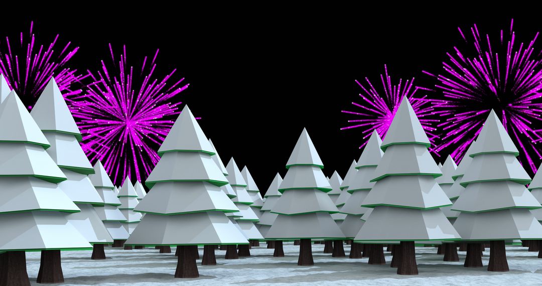 Fireworks Exploding Above Stylized White Trees at Night