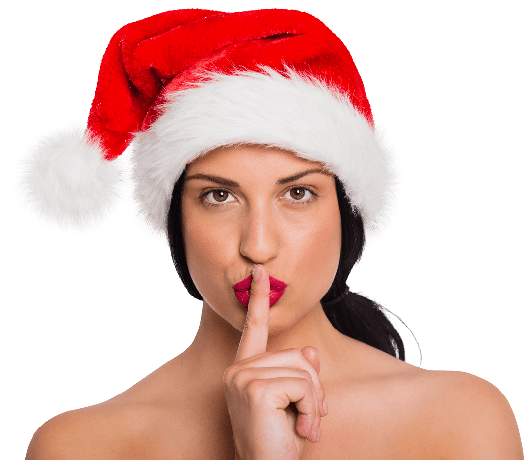 Transparent Christmas Woman Silent Gesture with Finger on Red Lips