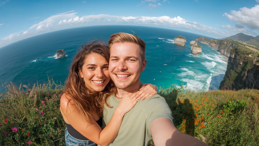 Smiling couple taking selfie on coastal cliff with turquoise ocean, seastacks and wildflowers