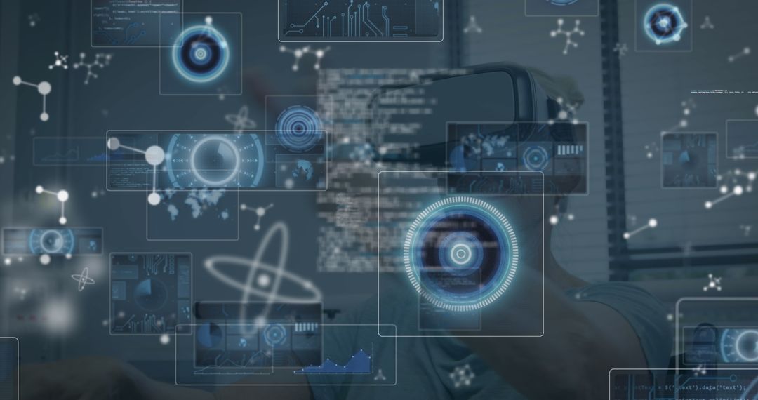 Senior Woman Immersed in Virtual Reality with Holographic Interfaces